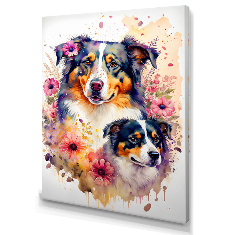 Mignon berger australien floral I - Peinture sur toile, H 32 po x l 24 po x P 1 po, Toile tendue