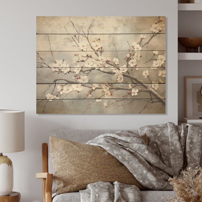 Minimalisme gris et beige fleur de cerisier I - art mural en bois de fleur de cerisier sur bois de pin naturel