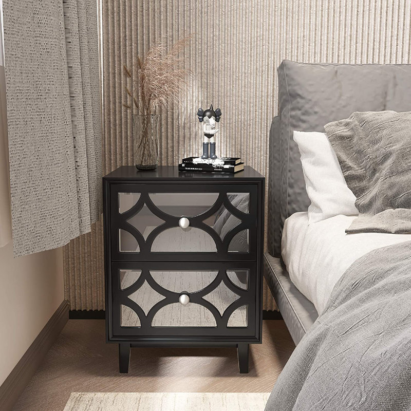 Habeel Two Drawer Mirror Front Nightstand, Black