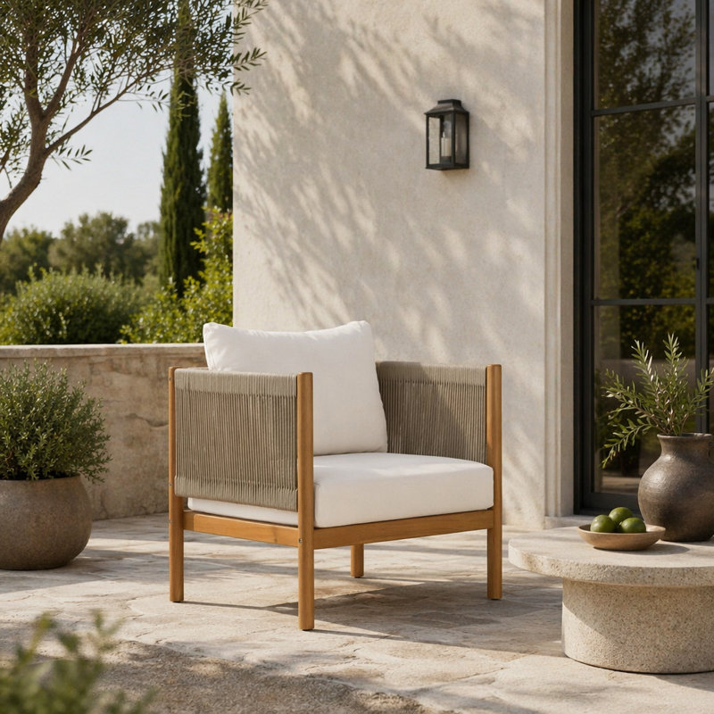 Fauteuil club d'extérieur avec structure en bois d'acacia d'aspect teck, panneaux de corde beige et coussins crème