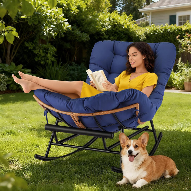 Papasan Rocking Chair with Footrest, Rattan Lounge Chair with Cushion, Blue