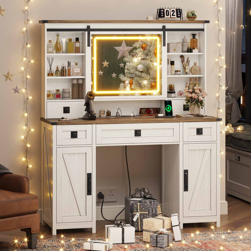 Grande coiffeuse avec 5 tiroirs Azraf, Blanc antique / brun
