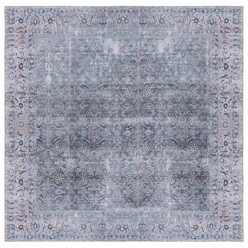 Tucson Vintage Look Machine Washable Non-Slip Area Rug in Grey/ Blue, Square 183 cm