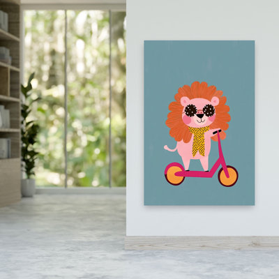 Stylish Lion On Scooter Playful Whimsical Contemporary Lion Wall Art Print 1 Piece Wrapped Canvas Wall Art