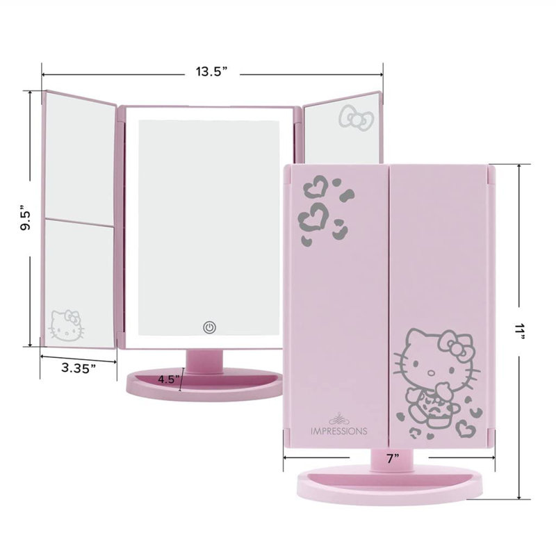 Hello Kitty Trifold LED Tri Tone Makeup Mirror with Magnification, Portable Lightweight Design, Pink