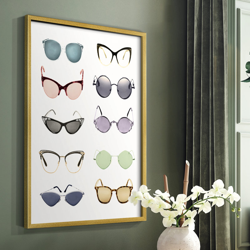 «Vintage Glasses I», reproduction encadrée - bois massif, Encadrement doré, H 14 po x l 11 po