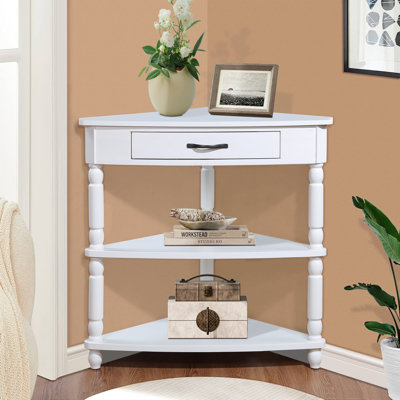 33 INCH Wood Triangle Corner Storage Console Table, With 3-Tier Storage, Solid Wood Legs, White