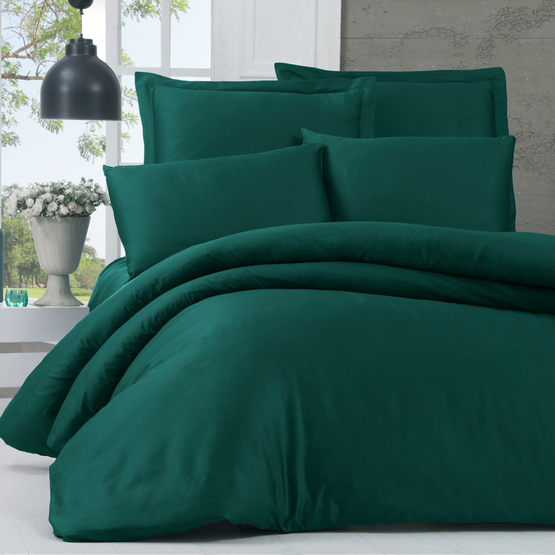 Ensemble de housse de couette luxueuse en satin luxueux, vert foncé | 100% satin de coton, housse de couette 78,7 x 86,6 pouces, drap plat 94,5 x 102,4 pouces, 4 taies d'oreiller (2 Oxford) | 210 fils, lavable à la machine, conception élégante et confortable