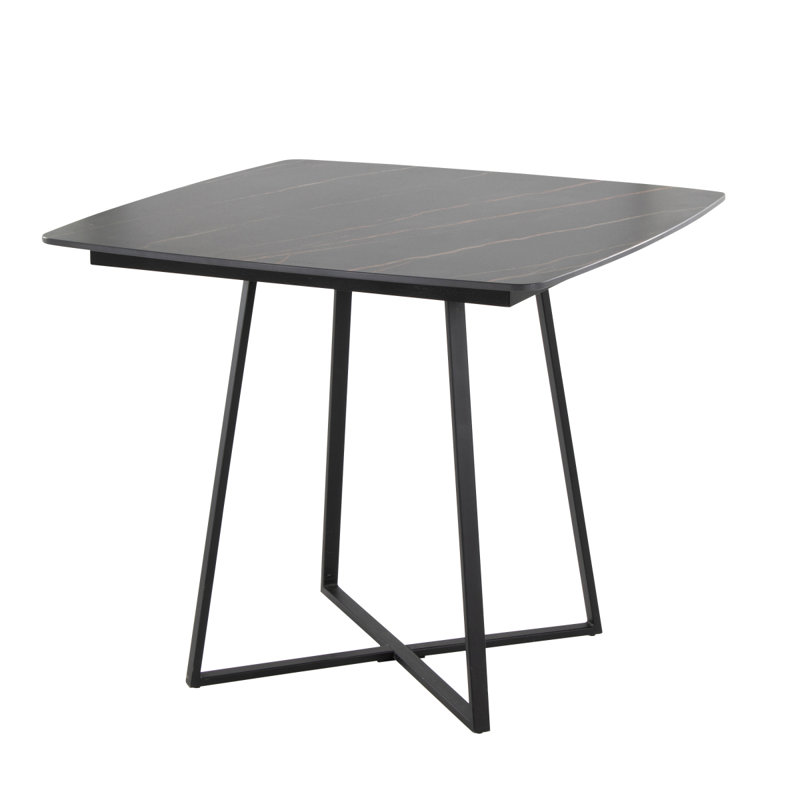 Table de salle à manger avec base en métal noir et bois noir avec plateau en céramique effet marbre noir, Gris / Noir