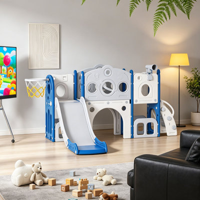 Ensemble de jeu 8-en-1 pour tout-petits, aire de jeux intérieure et extérieure pour enfants avec grimpeur, tunnel, panier de basketball et télescope, glissade autoportante Hdpe certifiée Astm pour les tout-petits de 1 à 3 ans