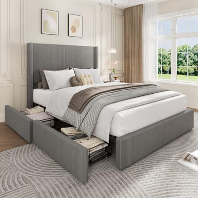Upholstered Platform Bed Frame with Storage Drawers, Corduroy Wingback with Tufted Headboard and Footboard, No Box Spring Needed