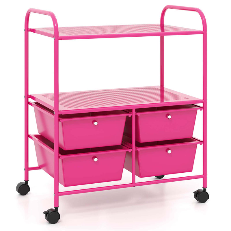 Chariot de rangement roulant sur roulettes avec 4 tiroirs et 2 tablettes, Rose millennial