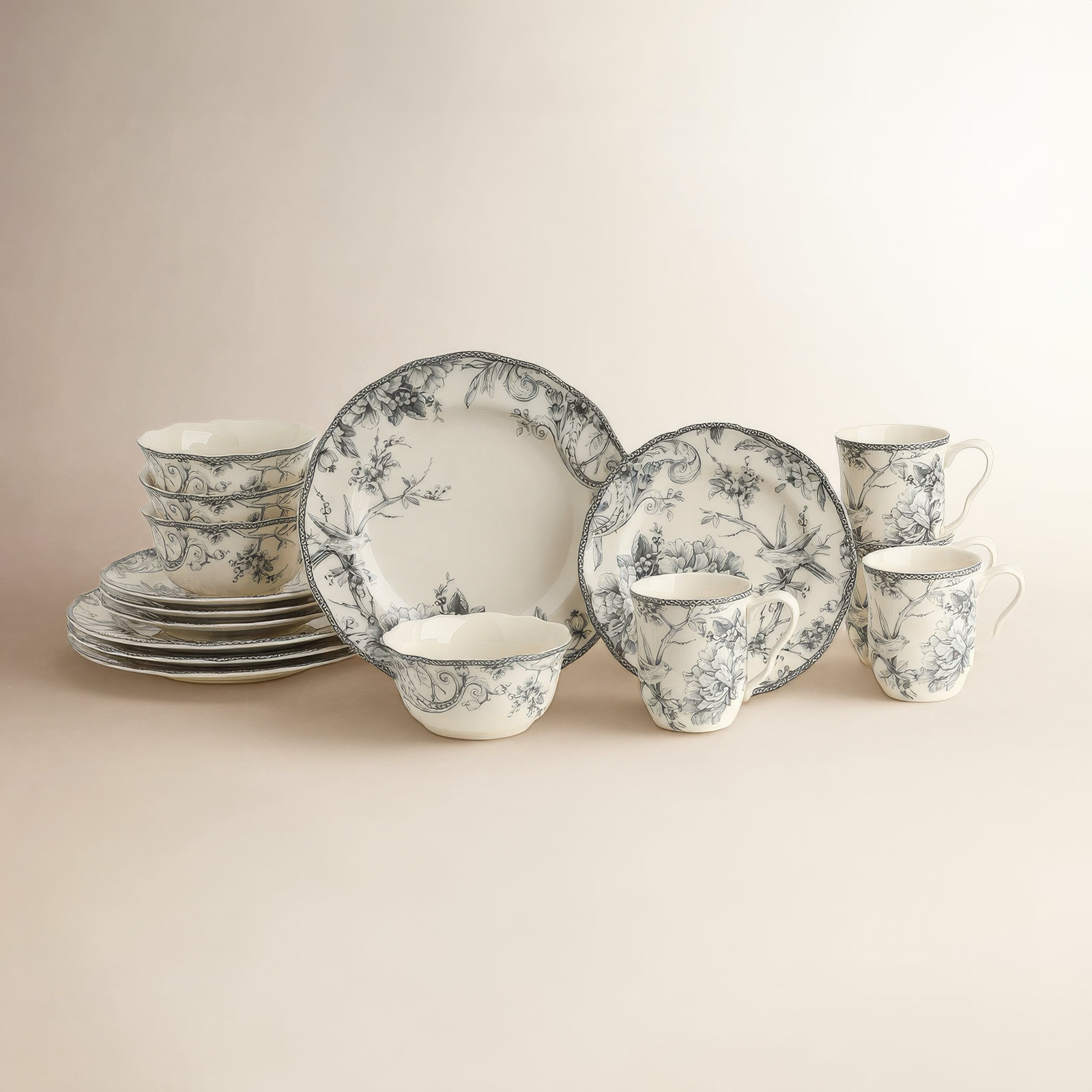 Adelaide Porcelain Dinnerware Set - Service for 4, Gray, Floral