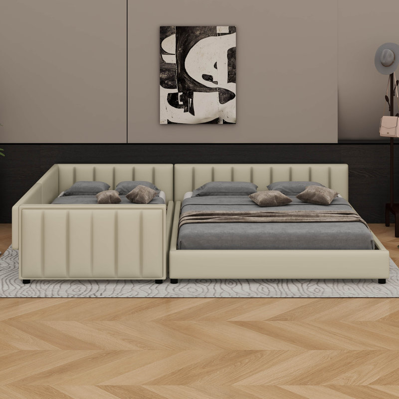 Grand lit plateforme tapissier en cuir PU - Lit d'enfant, Beige