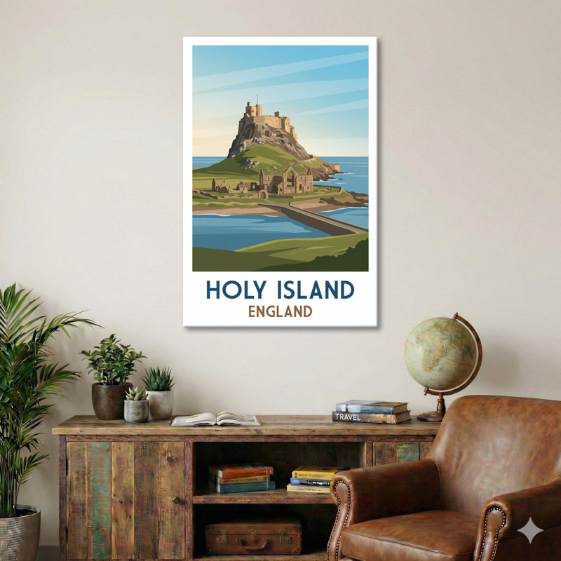 Holy Island, England - Lindisfarne Romance Travel Poster: Tidal Causeway And Castle. Giclee Print On Wrapped Canvas. Wall Art, Home Decor - Religious & Cultural Sites, England - Wrapped Canvas Print