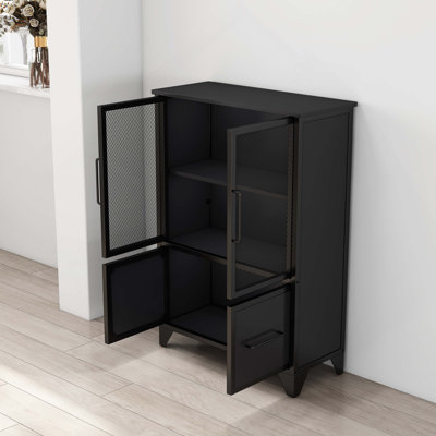 Storage Cabinet With 4 Iron Doors,Black Metal Handle,Sideboard With Adjustable Shelf,Black Sturdy Metal Frame and Metal Legs,Easy Assemble,For Living Room,Kitchen