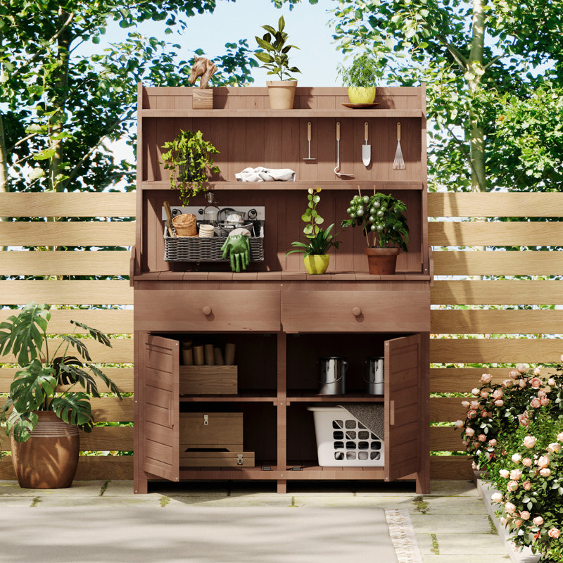 Table de jardin en pot de 65 po, poste de travail en bois de sapin avec tablette de rangement, tiroir et armoire, Brun