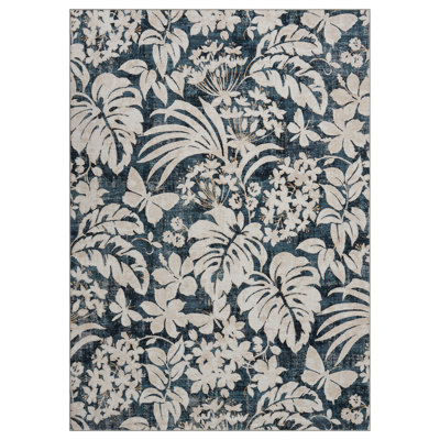 lxt Area Rug 9 x 12 Modern Botanical Floral Living Room Rug Non-Slip Backing Washable Contemporary Mat Foldable Floor Cover for Bedroom Blue