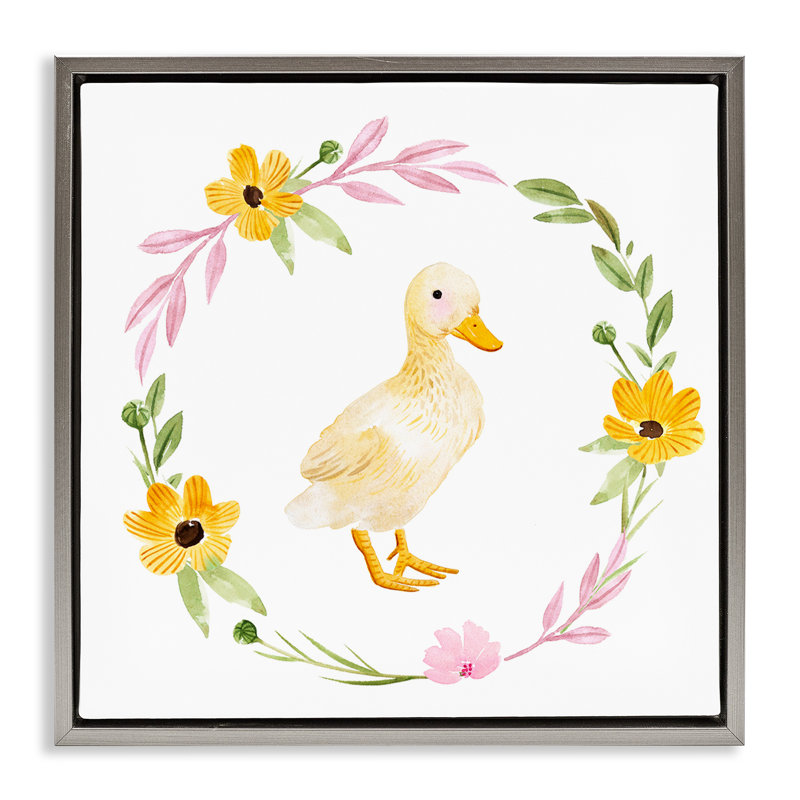 «Duckling with Daisy Wreath», art mural sur toile par Enya Todd, Cadre flottant gris lustré, H 18 po x l 18 po x P 1,7 po