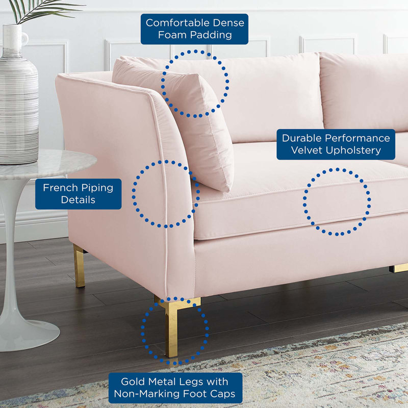 Luxe Pink Velvet 72" Loveseat with Gold Metal Legs