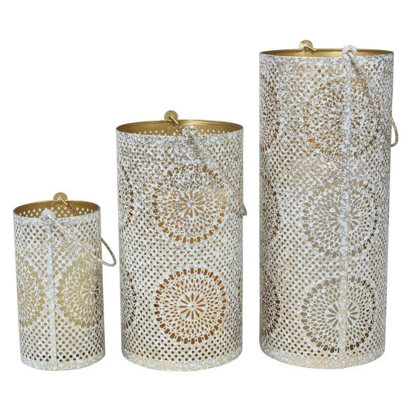 Ensemble de 3 lanternes piliers décoratives à découpes 12,5 po, Blanc vieilli / doré