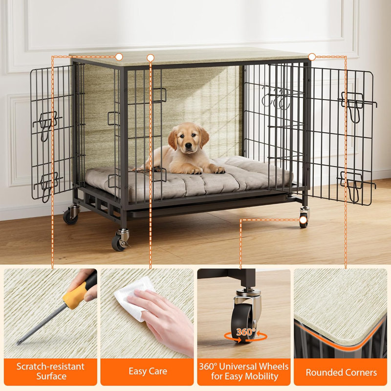 Wooden Dog Crate Furniture End Table with 360° Lockable Wheels, Double Doors, Removable Tray & 3 Hooks, 69×51×60cm, 32KG Top Load Capacity, Pine