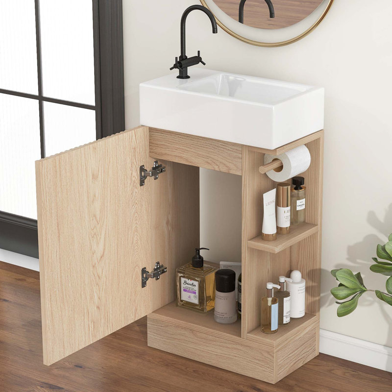 Meuble-lavabo polyvalent avec lavabo et plusieurs options de rangement pour une fonctionnalité accrue, Naturel
