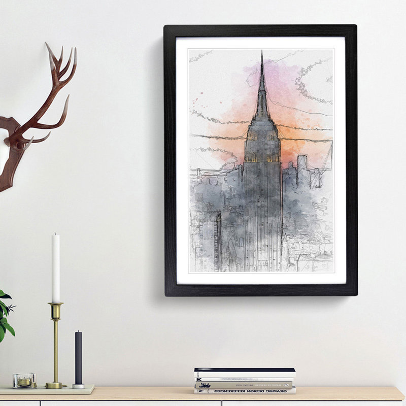 Empire State Building Sunset in Abstract - Picture Frame Graphic Art Print, 48cm H x 36cm W x 2cm D, Black Framed