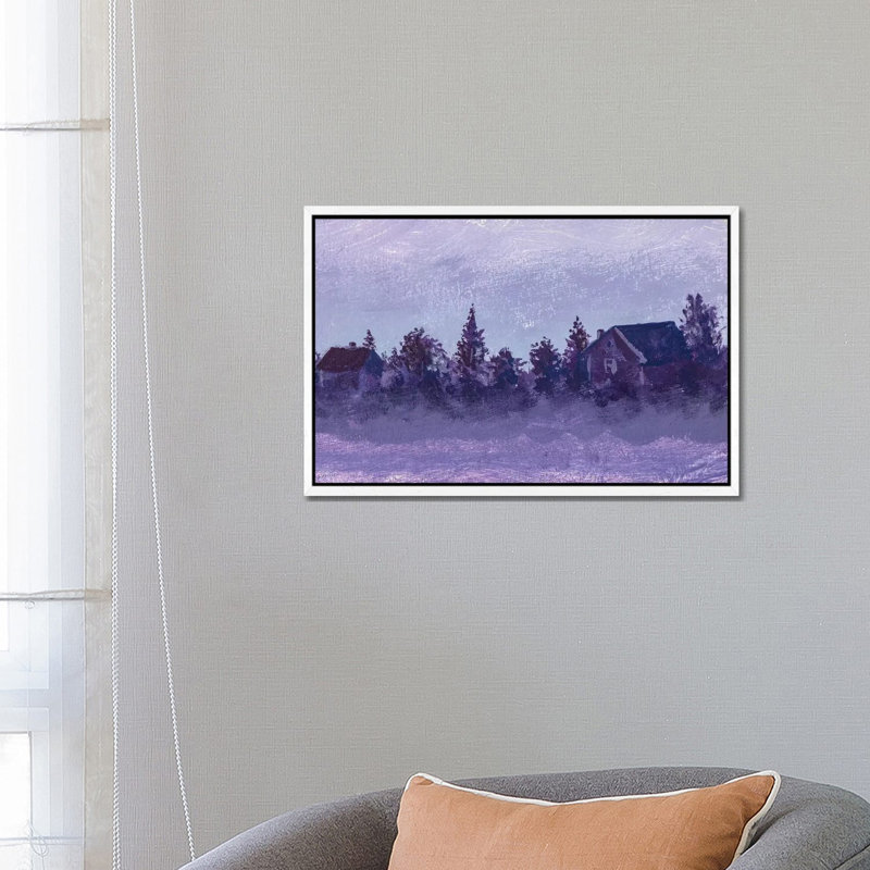 Night Rural Landscape With Old Russian Village Houses And Trees by Valery Rybakow - Painting on Canvas, White Framed