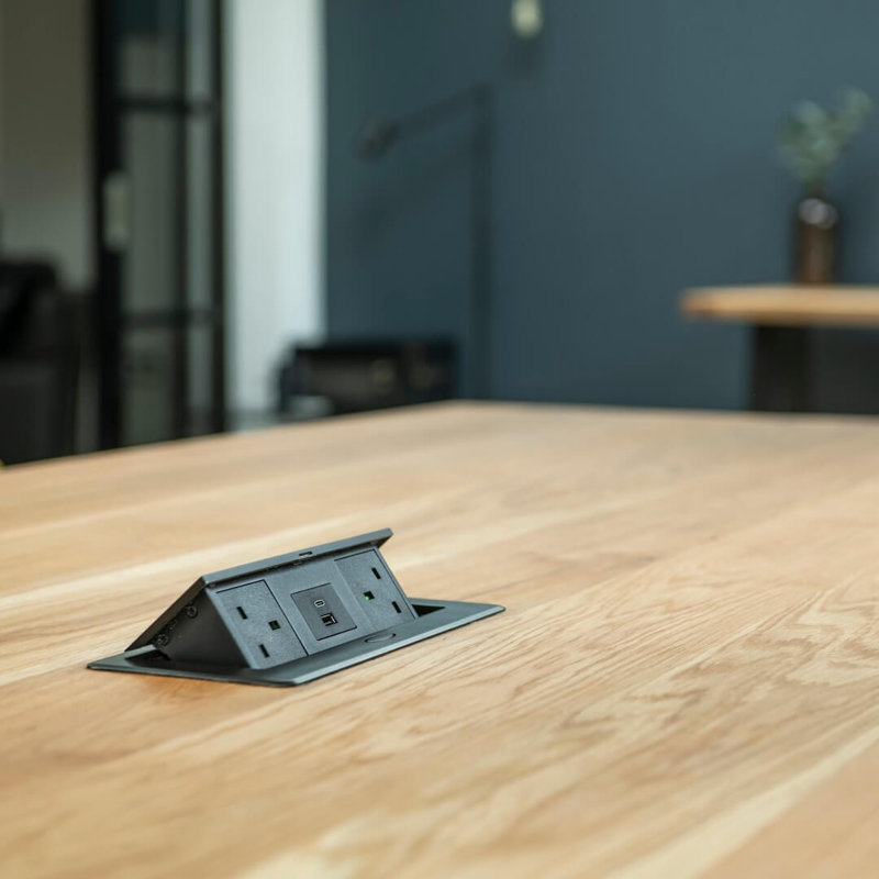 Solid Oak Boardroom Table, Chunky X Legs with Pop UP Power Socket, 76cm H x 150cm W x 100cm D