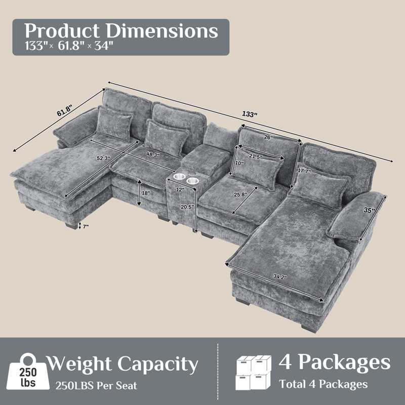 5 Piece U Shape Sectional Sofa Cloud Couch Double Chaise Sectional Couch with Console, Gray Chenille