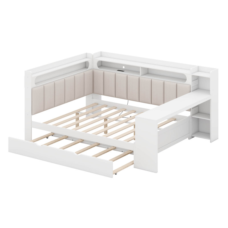Full Size Daybed With Storage Shelves,Trundle,Charging Station,LED Light,Desk And Upholstered Headboard And Backrest