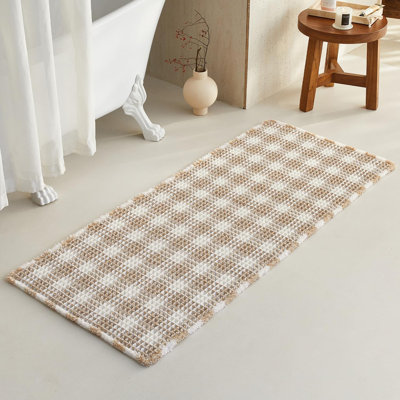 BULULOM Waffle Bath Mat, Boho Bathroom Rugs Non Slip Washable Super Absorbent Quick Dry Bath Mat Farmhouse Bathroom Decor, 24"x60" White & Khaki