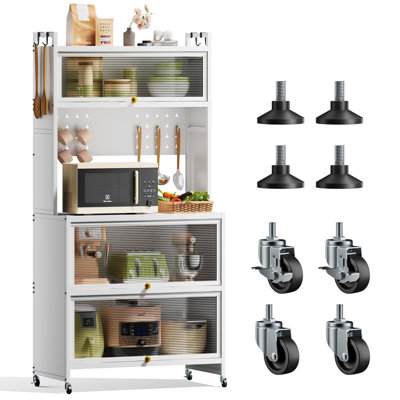 Kitchen Storage Cabinets, Pantry Cupboard With 5 Tiers Bakers Rack, Kitchen Shelves With Transparent Flip Door & 4 Rolling Wheels