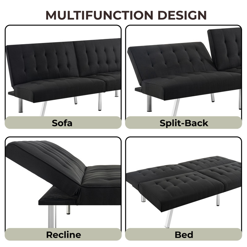 Dacy Twin 68.5" Wide Tufted Back Convertible Sofa, Black 100% Linen