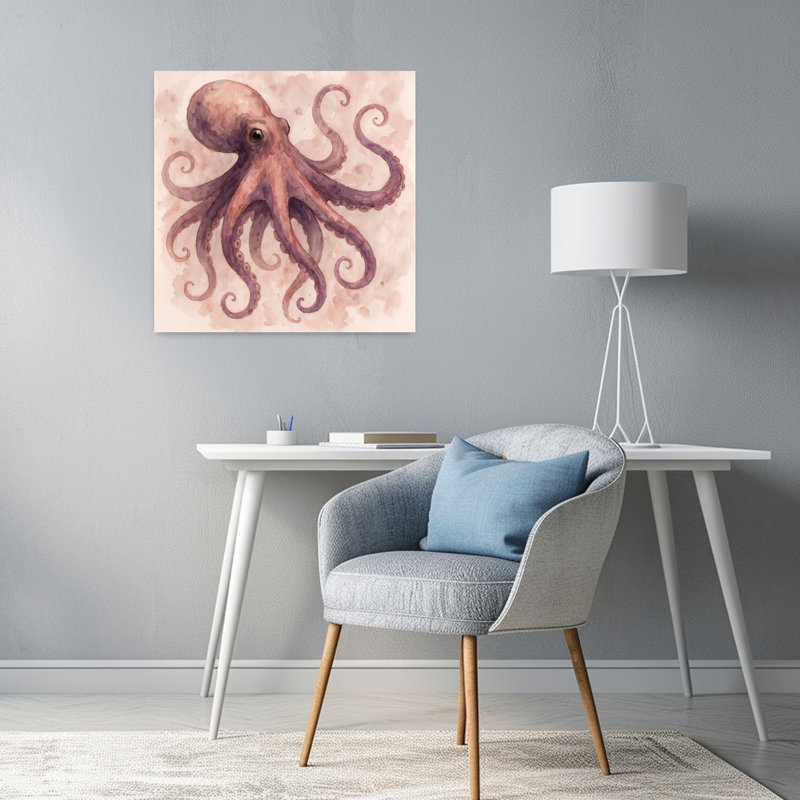 Pieuvre aquarelle en mauve doux et rose, art moderne de pieuvre rétro moderne, H 24 po x l 24 po