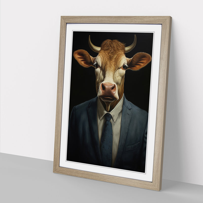 Cow In A Suit No.3 - Single Picture Frame Print on Wood, Oak , 64cm H x 46cm W x 2cm D