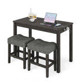 Shrivas Bar Table and Chairs Set, 3-Piece Dining Table Set for 2 with Built-in USB and Power Outlets, Counter Height Table and 2 Bar Stools Space Saving for Dining Room Living Room Small Kitchen