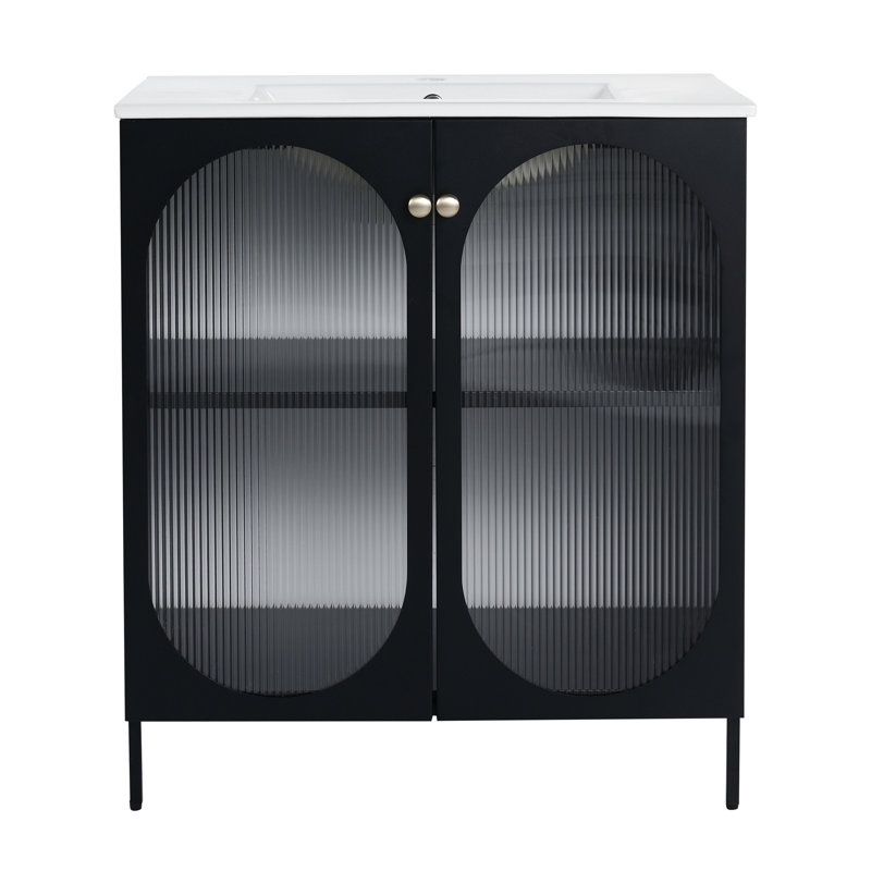 Luxueux meuble-lavabo avec lavabo en céramique et beaucoup de rangement, un ajout élégant et fonctionnel à votre salle de bain.