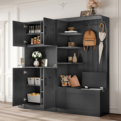 Armoire de rangement pour hall d'entrée 2 pièces avec 4 crochets, ensemble réversible gauche / droite, ensemble autoportant, noir