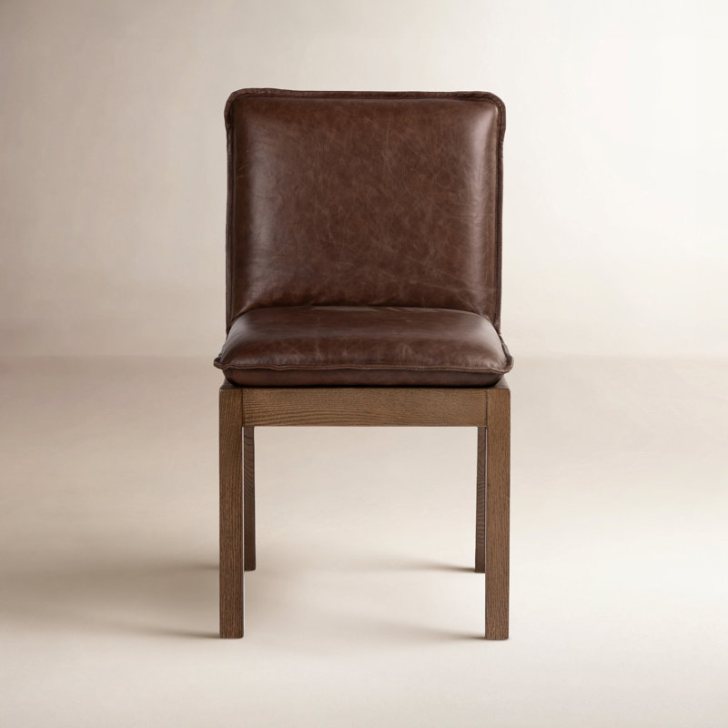 Wautoma Linen Upholstered Dining Chair in Beige, Brown Genuine Leather