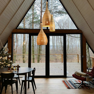 Chaffin 3-Light Natural Rattan Teardrop Cluster Ceiling Pendant Light in Brass Modern Boho Hanging Chandelier