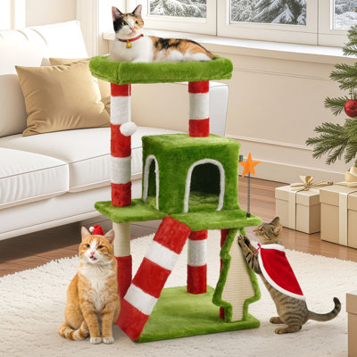 Christmas Cat Tree, Multi-Level Holiday Activity Cat Tree Tower with Scratching Post, Cozy Hammock, Fluffy Play Ball & Cave Condo, Indoor Christmas Decoration for Kitties