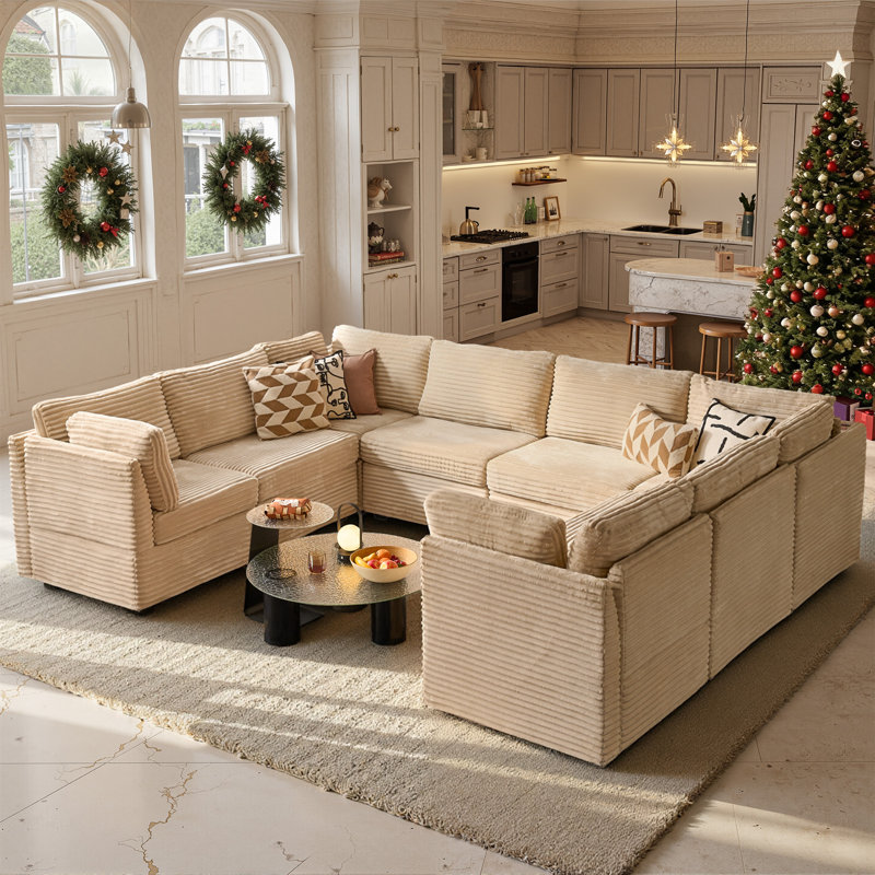 Nathasa 8-Piece Upholstered Corduroy Sectional, Beige Corduroy