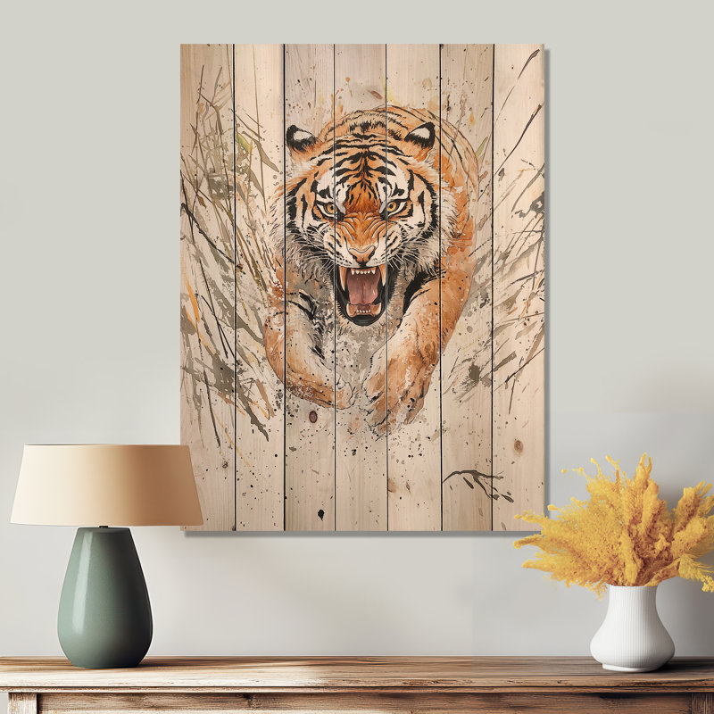 Fierce Roar Of A Tiger II - Décoration murale moderne en bois sur bois de pin naturel, H 44 po x l 34 po
