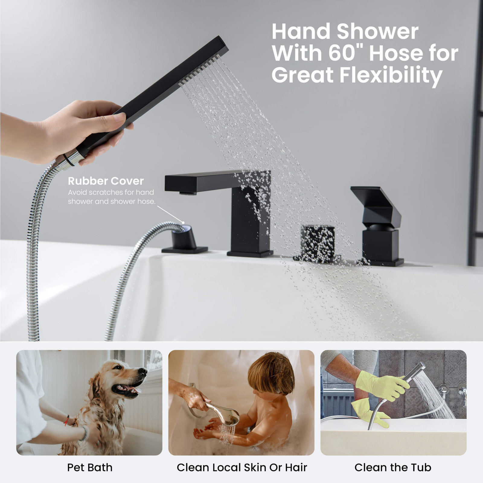 Cube Deck-Mounted Tub Filler with Diverter, Matte Black