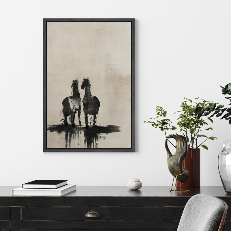 Abstrait, reproduction d'art sur toile, paire de chevaux noirs - décor rustique moderne pour le salon ou le vestibule, Noir