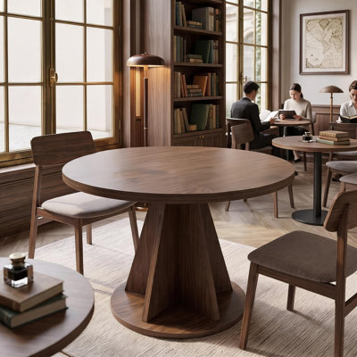 31" Round Dining Table for 4, Thick Top Stable Pedestal Base, Modern Sculptural Design