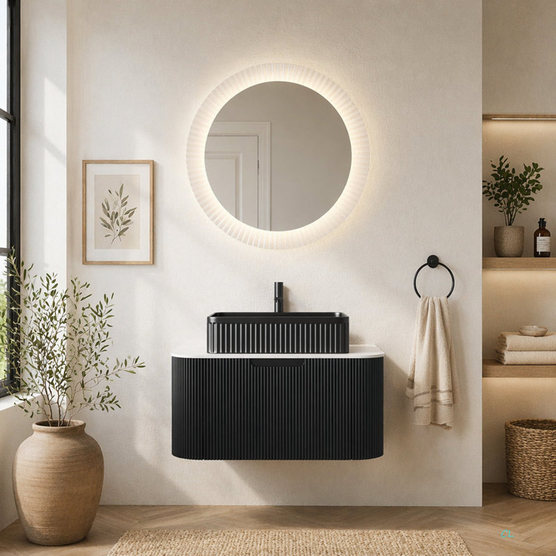 Meuble-lavabo de salle de bain 30 po avec lavabo, lavabo à fixation murale à bords arrondis flottants avec lavabo à tiroir rectangulaire en céramique, sans robinet, pré-assemblé
