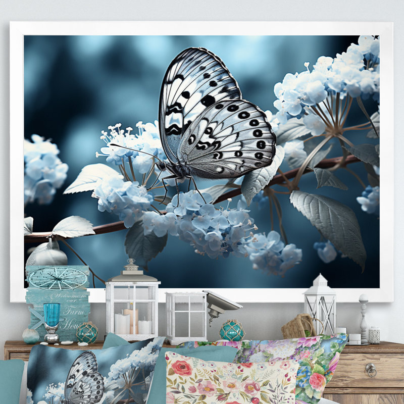 «Reg Blue Butterfly Haven II» sur toile, Cadre simple blanc, H 16 po x l 32 po x P 1 po